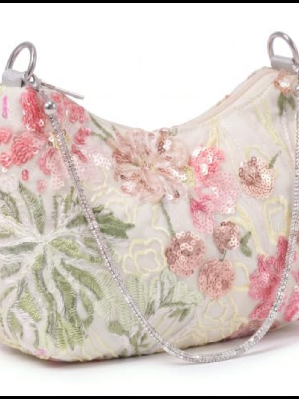 Floral Beaded Sequin Embroidered Chain Strap Evening Bag Clutch